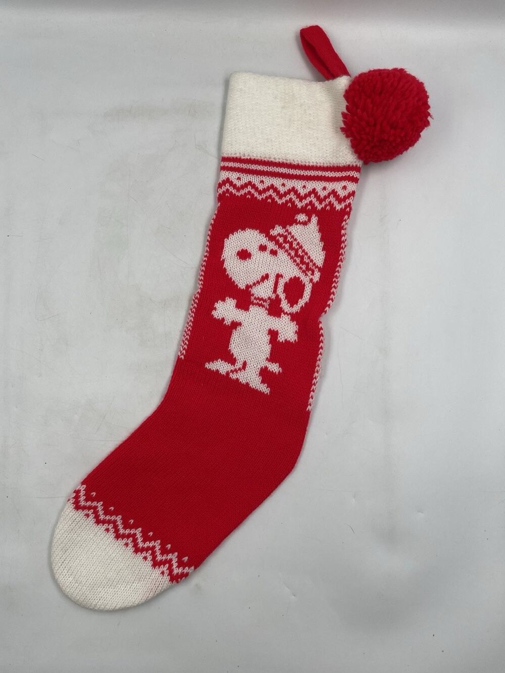 Hallmark Vintage 1958 Peanuts Snoopy Knit Christmas Stocking Pom Pom Red White